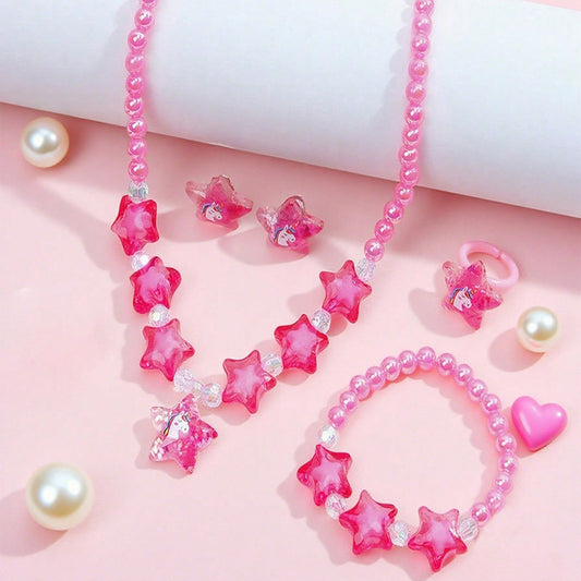 Cartoon Style Butterfly Necklace Set for Kids with Resin Pendant on Beaded Chain in Heart Star Flower Shapes