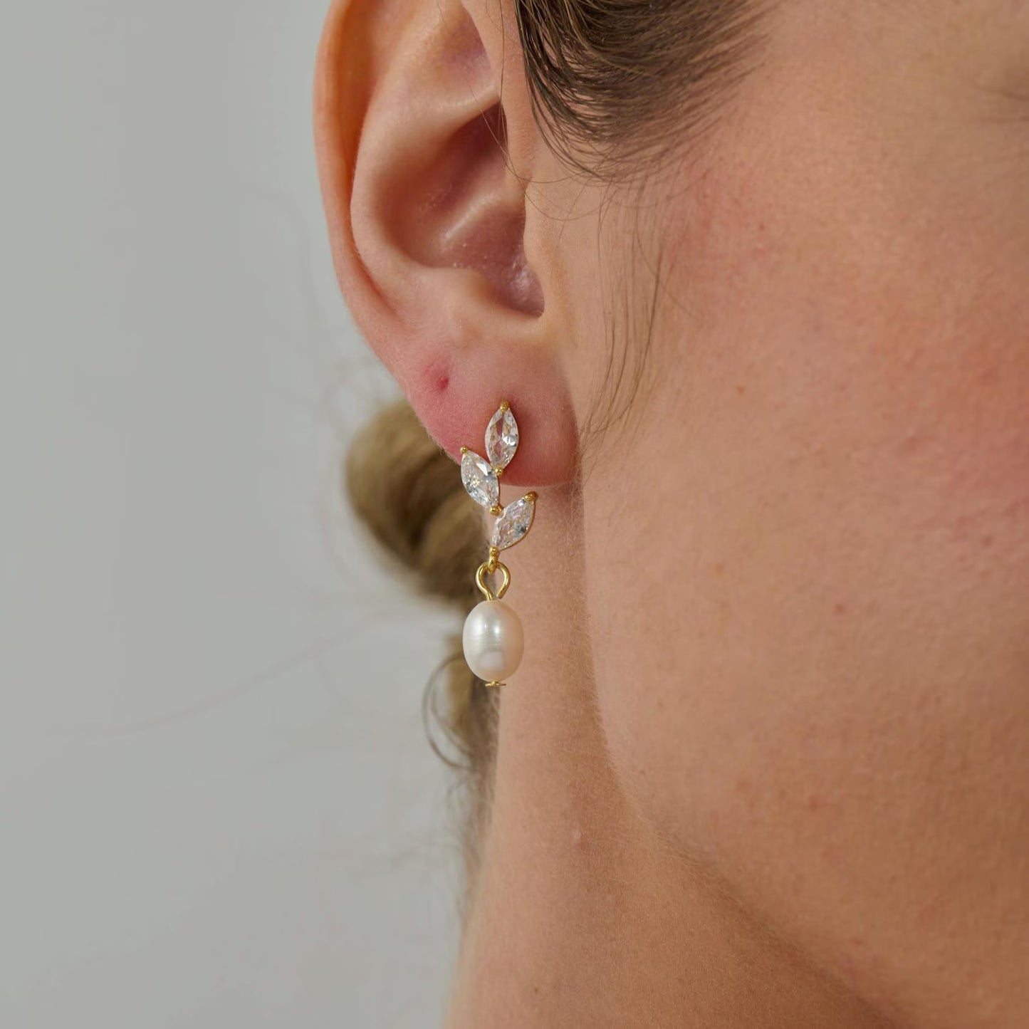 925 Sterling Silver Post Geometric Leaf Round Cubic Zirconia and Pearl Drop Earrings for Women