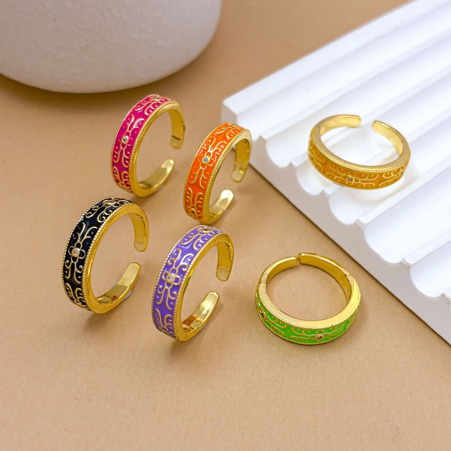 Vintage Sweet Gold Plated Brass Ring with Ethnic Patterns for Women