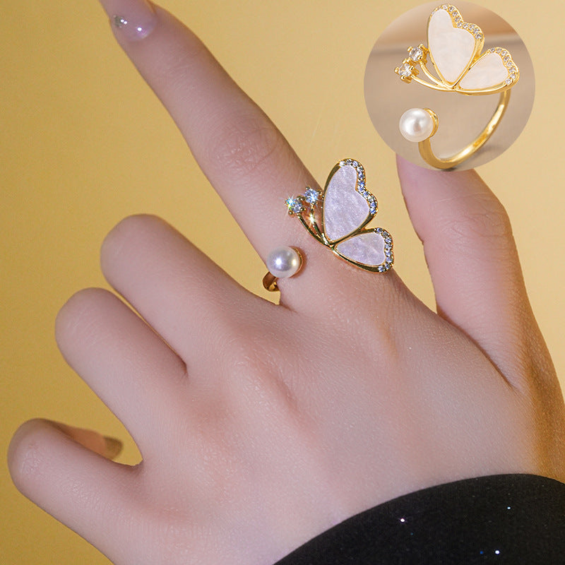 Anello regolabile da donna in madreperla e perla a forma di farfalla, minimalista, con fascia in rame placcato oro