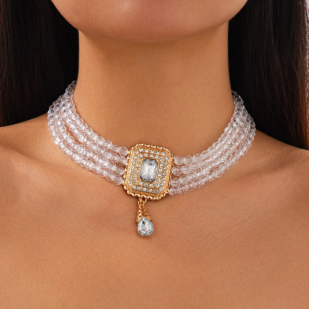 Collar tipo gargantilla de cristal estilo francés vintage con dijes geométricos cuadrados y de lágrima en cadena de perlas para mujer