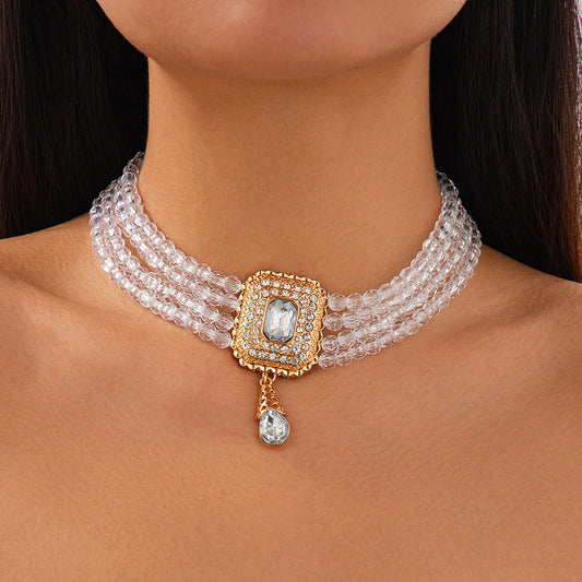 Vintage French-Style Crystal Pendant Choker Necklace with Geometric Square and Teardrop Charms on Pearl Chain for Women