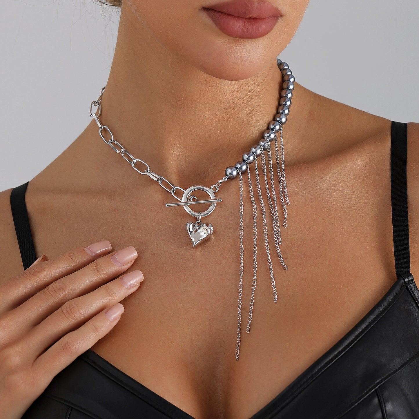 Irregular Heart Geometric Alloy Plated Pendant Necklace with Tassel and Gray Ball Chain