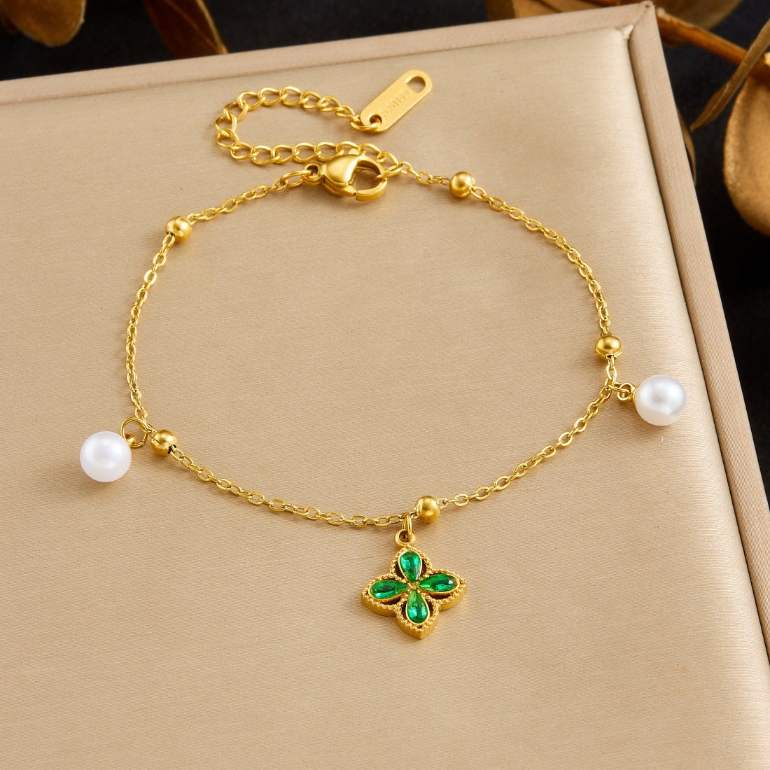 Elegant Business Gold Plated Stainless Steel Square Floral Rhinestone and Imitation Pearl Bracelet