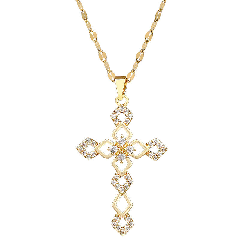 Sweet Minimalist Cross Titanium Steel Necklace with Cubic Zirconia for Unisex