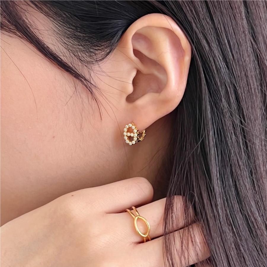 Minimalist Geometric Letter Stud Earrings in 925 Sterling Silver with Rhinestone Inlay and Gold Plating