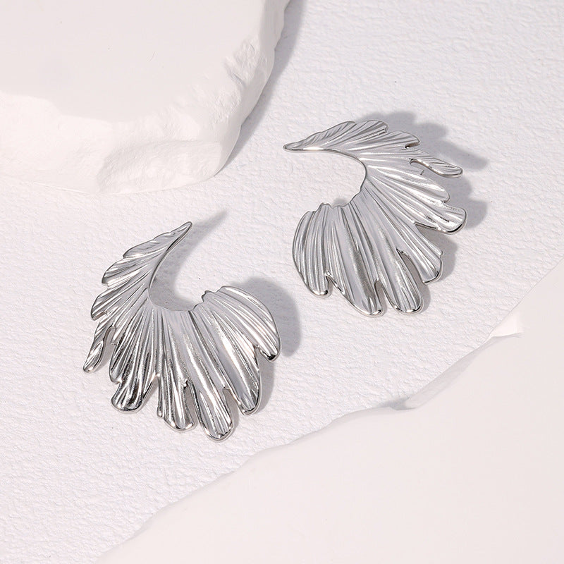 Minimalist Cold-Tone Stainless Steel Leaf-Shaped Earrings with Plating Finish for Women