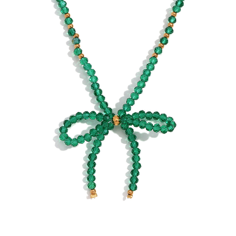 Elegante Collar Minimalista de Acero Inoxidable en Forma de Lazo con Colgante de Acero Inoxidable Titanio Galvanizado y Acentos de Cristal Verde Facetado para Mujer