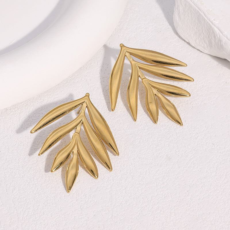 Orecchini da donna in acciaio inossidabile a forma di foglia, stile naturale, placcati in oro 18 carati