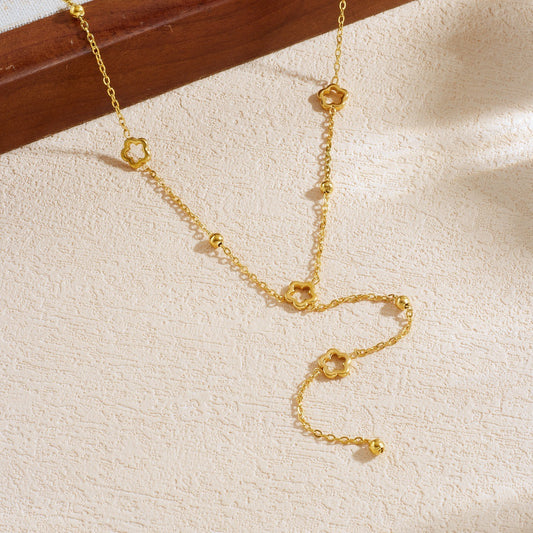 Minimalist Gold Plated Hollow Floral Stainless Steel Long Tassel Necklace for Women