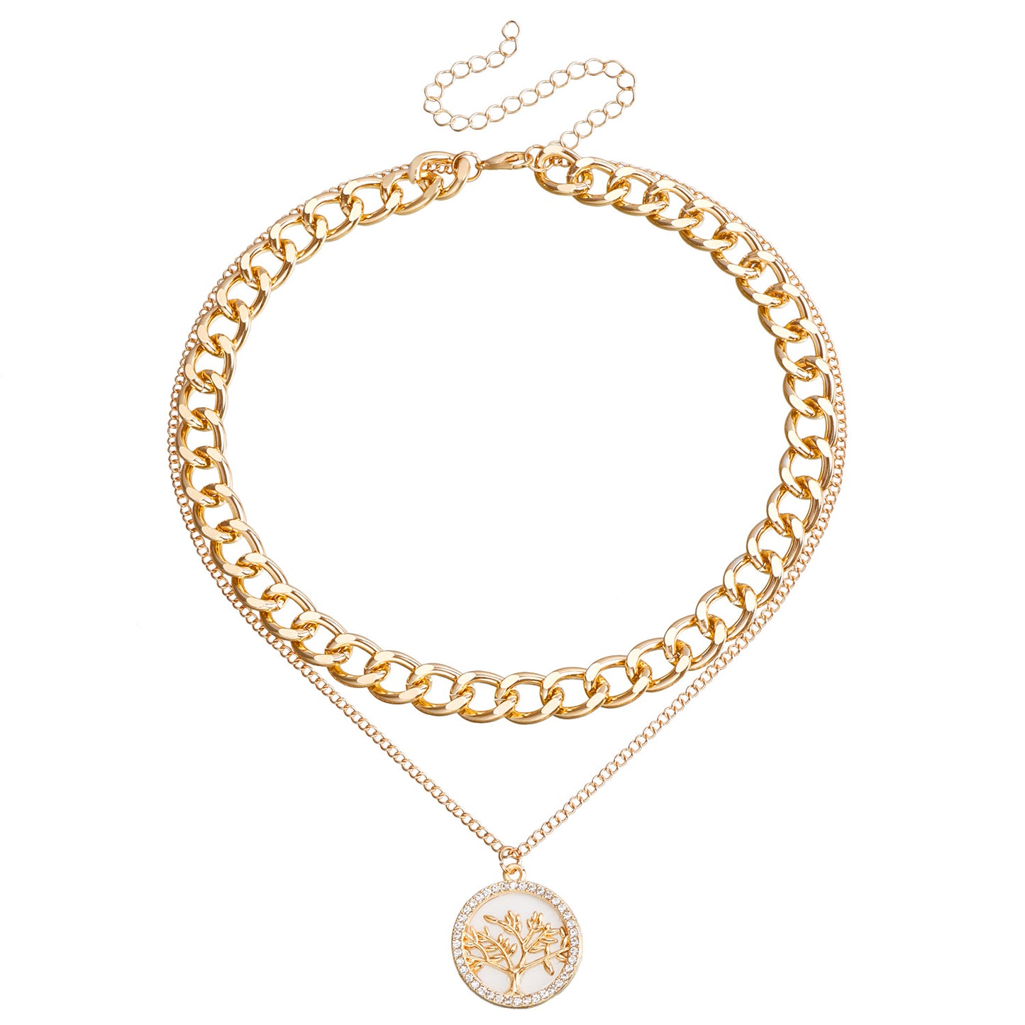 Geometric Round Tree of Life Pendant Necklace with Rhinestone Inlay on Double-Layer Aluminum Chain for Women