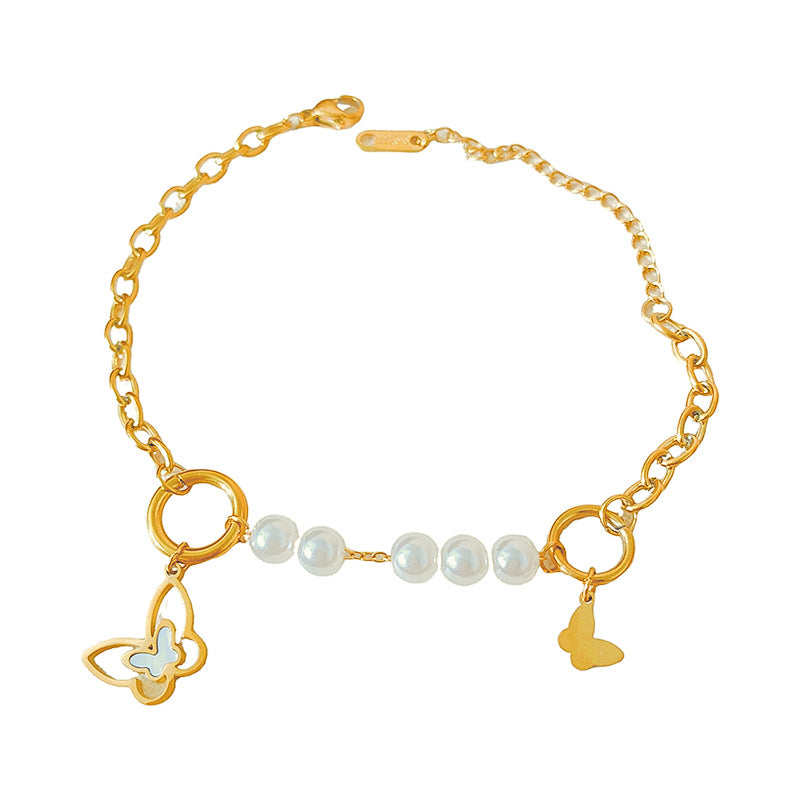 Minimalist Gold Plated Titanium Steel Butterfly Bracelet with Mother of Pearl and Pearl Inlay