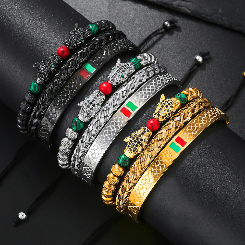 Leopard Print Geometric Stainless Steel Cubic Zirconia C-Shape Bracelet and Bangle Set