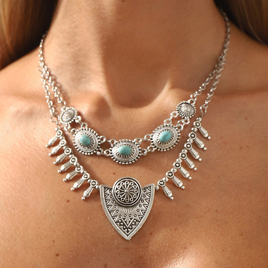 Collana Etnica Bohemien Vintage Turchese con Pendente Geometrico in Lega di Zinco Placcato per Donna