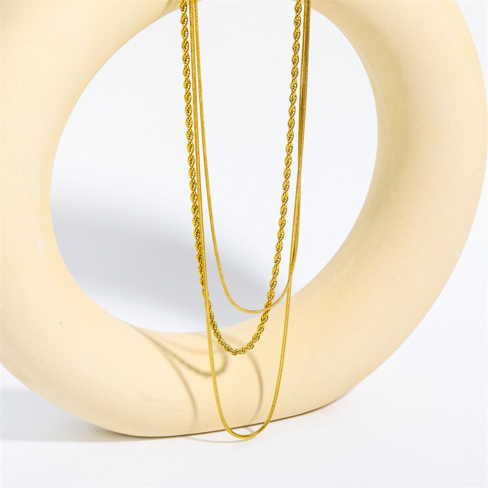 Vintage Stainless Steel U-Shape Layered Necklace with Snake and Rope Chains