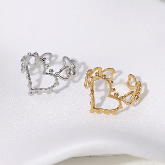 Minimalist Heart-Shaped Stainless Steel Ring with Hollow-Out Design and 18K Gold Plating for Women