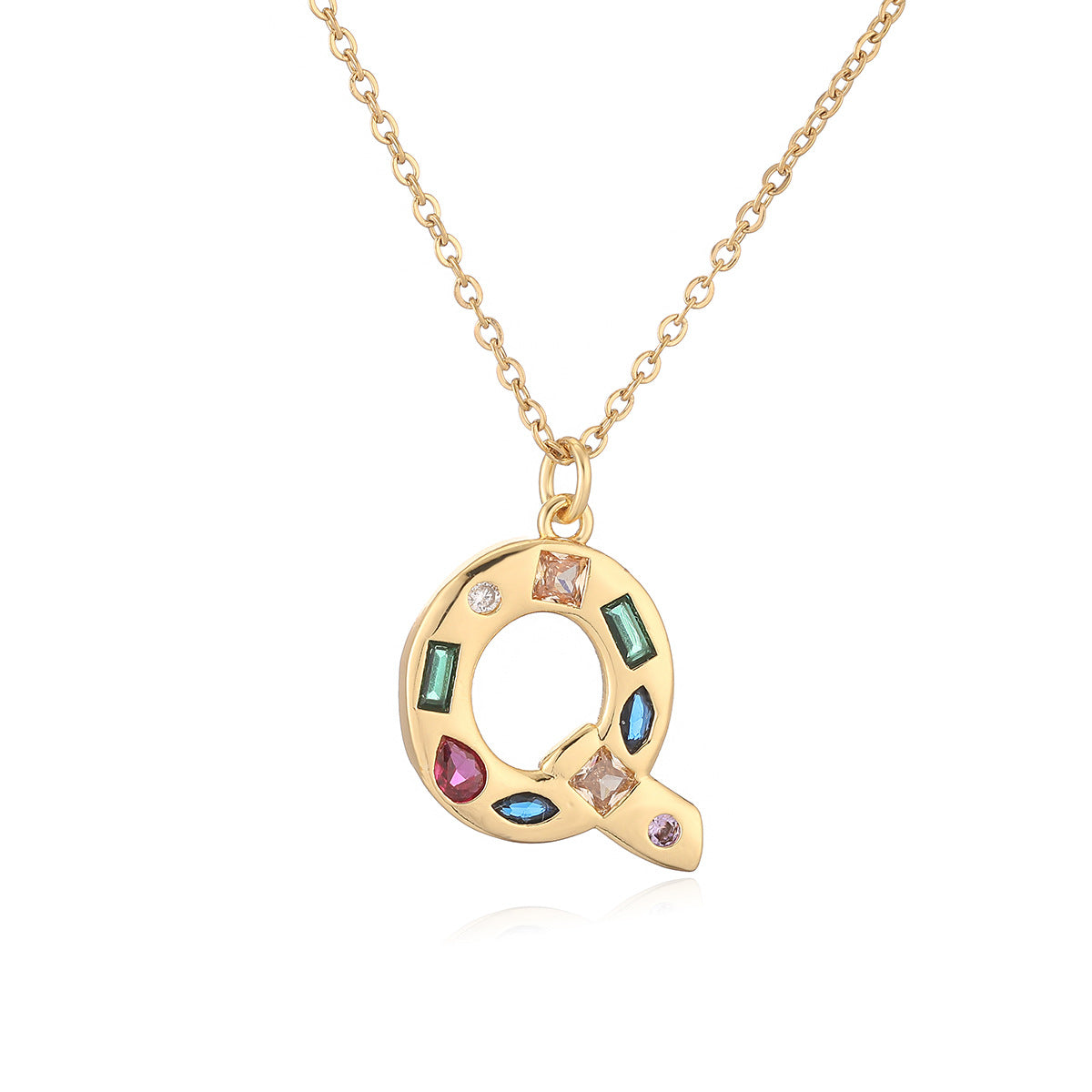 Minimalist Letter Shape Copper Pendant Necklace with 18K Gold Plating and Colored Zircon Inlay for Women