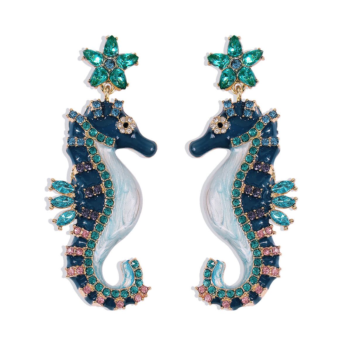 Pendientes de Caballito de Mar Dulces y Atrevidos para Mujer con Acabado Esmaltado, Base de Aleación, Incrustaciones de Pedrería y Postes de Acero Inoxidable