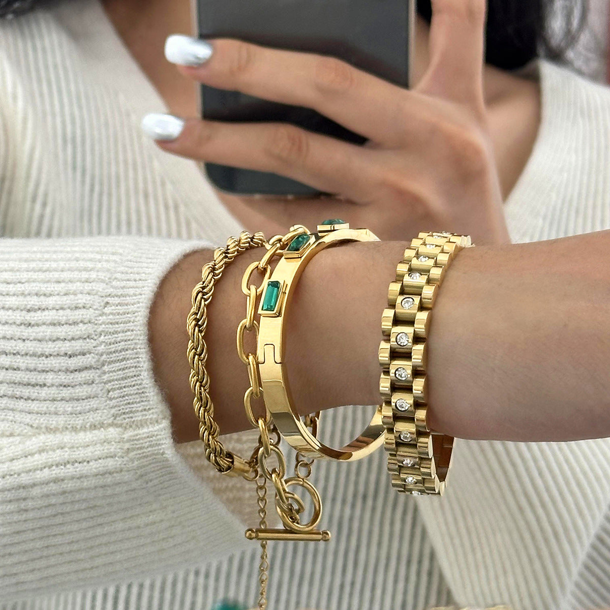 18K Gold Plated Geometric Round Stainless Steel Cubic Zirconia Bracelet for Women