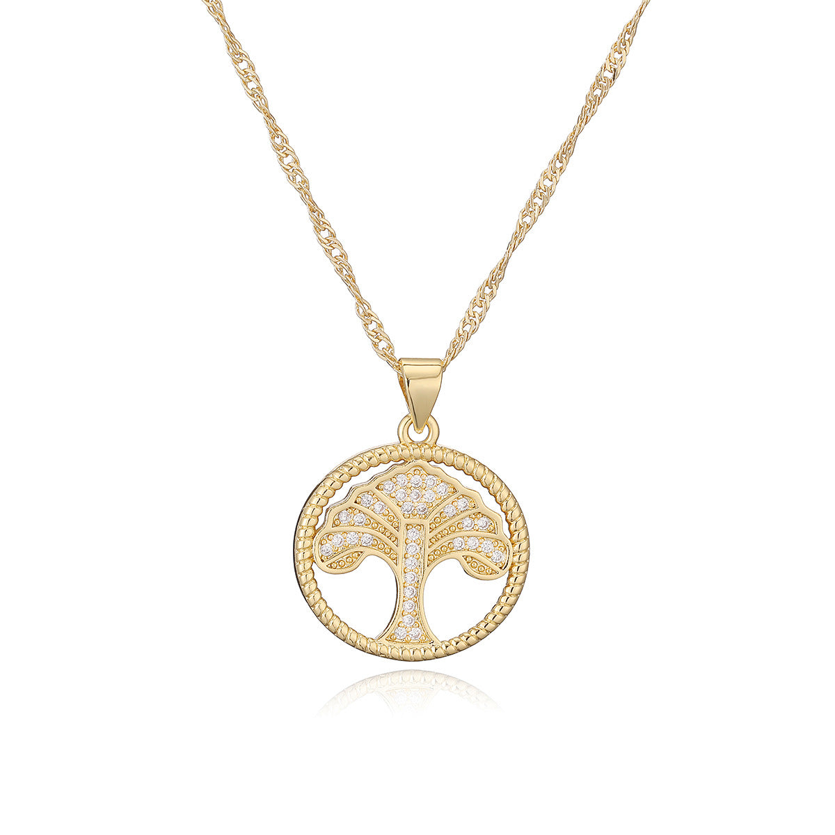 Minimalist Geometric Tree of Life Pendant Necklace in Copper with 18K Gold Plating and Zircon Accents