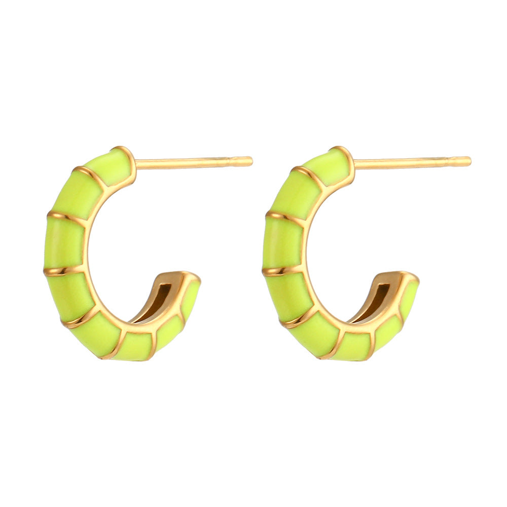 Fashionable Geometric Wheel-Shaped Stainless Steel Earrings with 18K Gold Plating and Enamel Coloring for Women