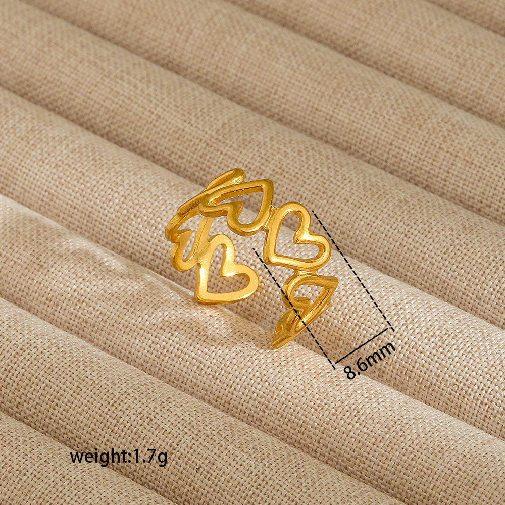 Anello aperto da donna in acciaio al titanio con forma geometrica e a cuore, stile INS, con finitura placcata