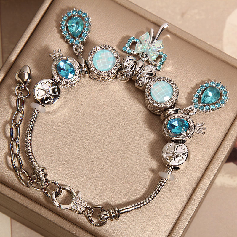 Minimalist Luxury Blue Crystal Teardrop Butterfly Charm Bracelet for Women