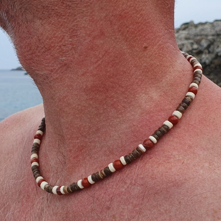 Bohemian Handmade Geometric Wood and Coconut Shell Ball Chain Necklace