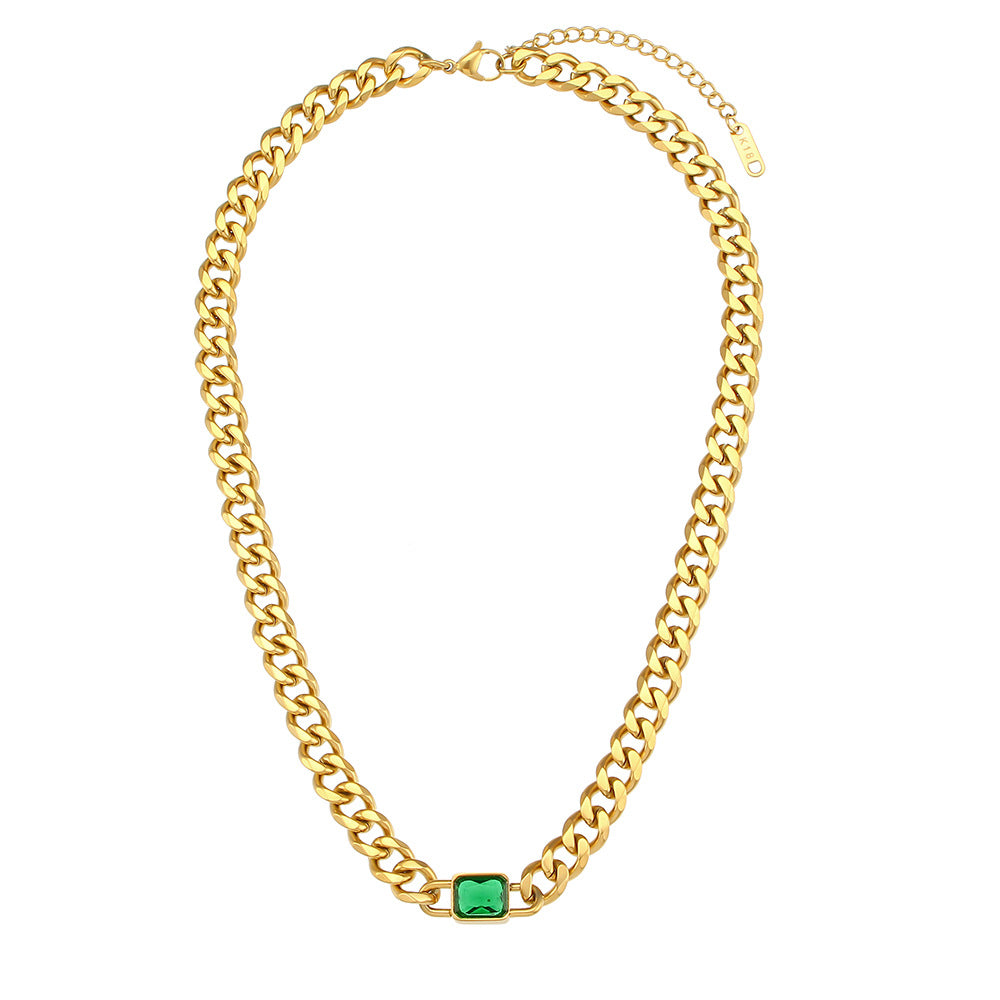 Collana da donna con catena cubana placcata in acciaio inossidabile e oro 18 carati, con pendente quadrato in zircone, in stile vintage