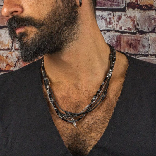 Vintage Ethnic Men's Multi-Layer Leather Necklace with Triangle Geometric Alloy Pendant and Black Agate Beads