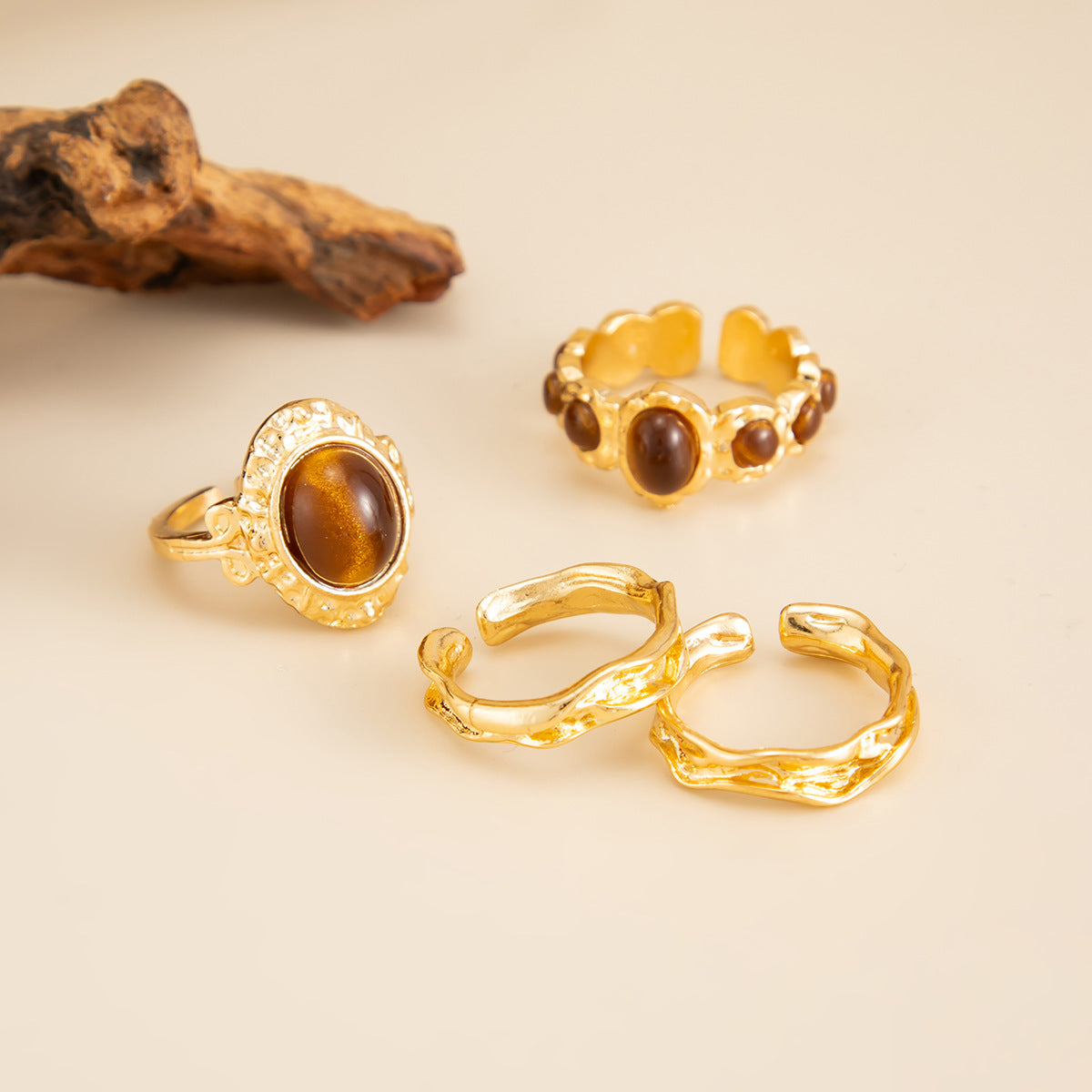 Vintage Geometric Oval Tiger Eye Plated Zinc Alloy Open Ring for Women