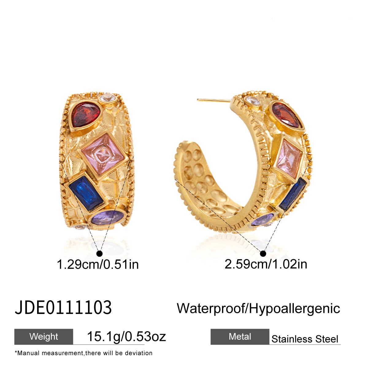Elegant Colorful Cubic Zirconia Geometric C-Hoop Plated Stainless Steel Earrings for Women