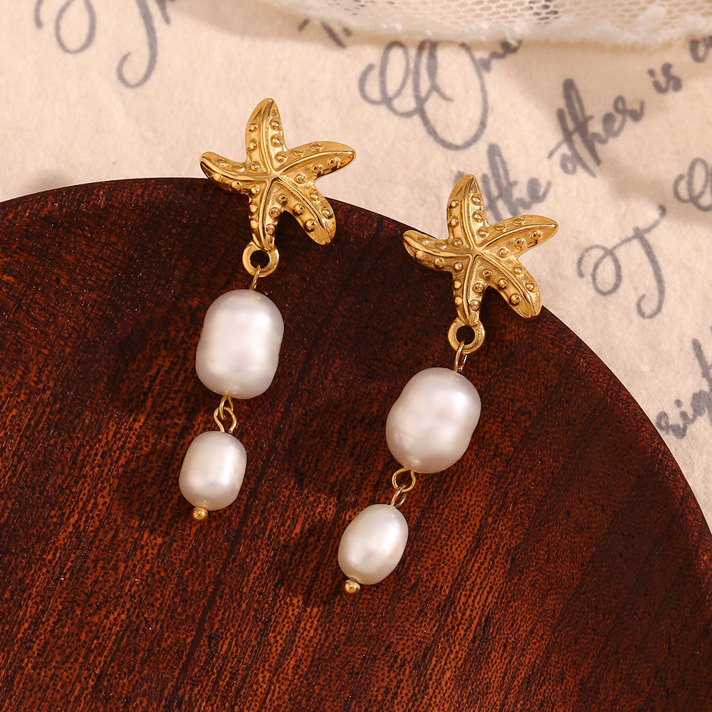 Orecchini pendenti da donna con perle e stelle marine, ispirati al vintage, in acciaio inossidabile con placcatura in oro 18 carati
