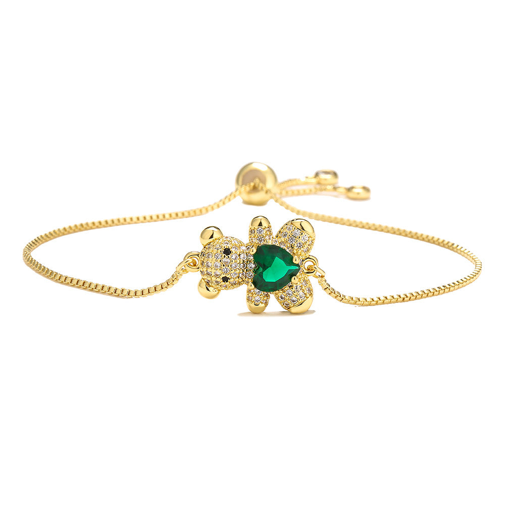 Cute Heart-Shaped Bear Adjustable Drawstring Bracelet for Women in Copper with Zircon Inlay