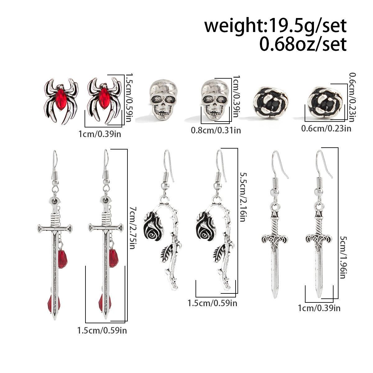Vintage Alloy Plated Animal Shape Crystal Tassel Earrings Set with Bat and Rose Design for Women