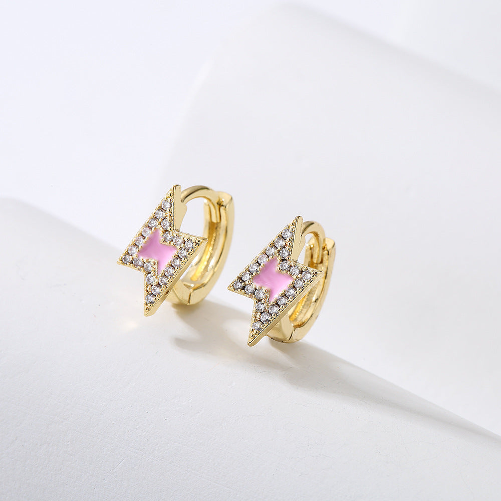 Orecchini minimalisti geometrici in rame con placcatura in oro 18 carati e design a fulmine in zircone smaltato da donna