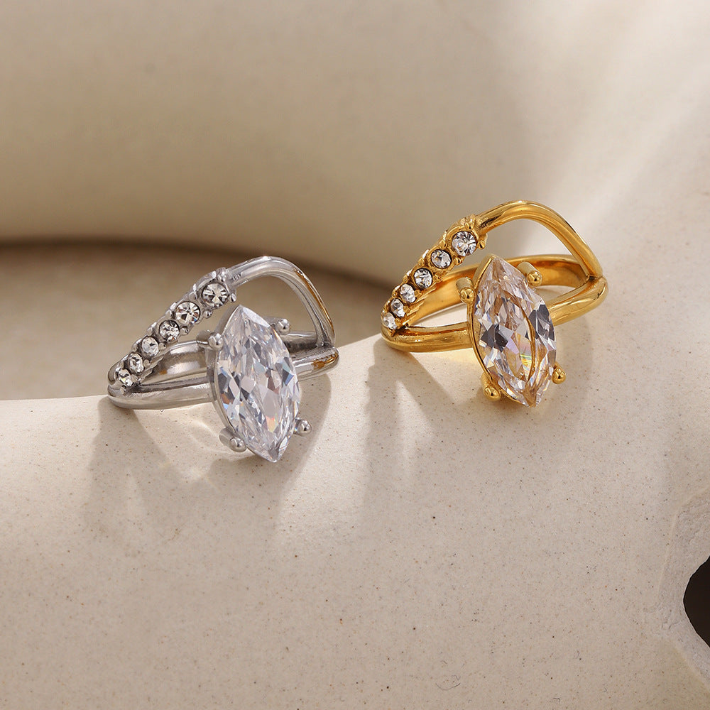 Luxury Minimalist 18K Gold Plated Stainless Steel Marquise Geometric Ring with Cubic Zirconia for Women
