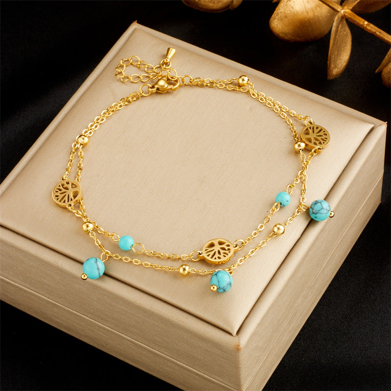 Fashion Heart White Shell Life Tree Butterfly Anklet for Women Stainless Steel Jewelry