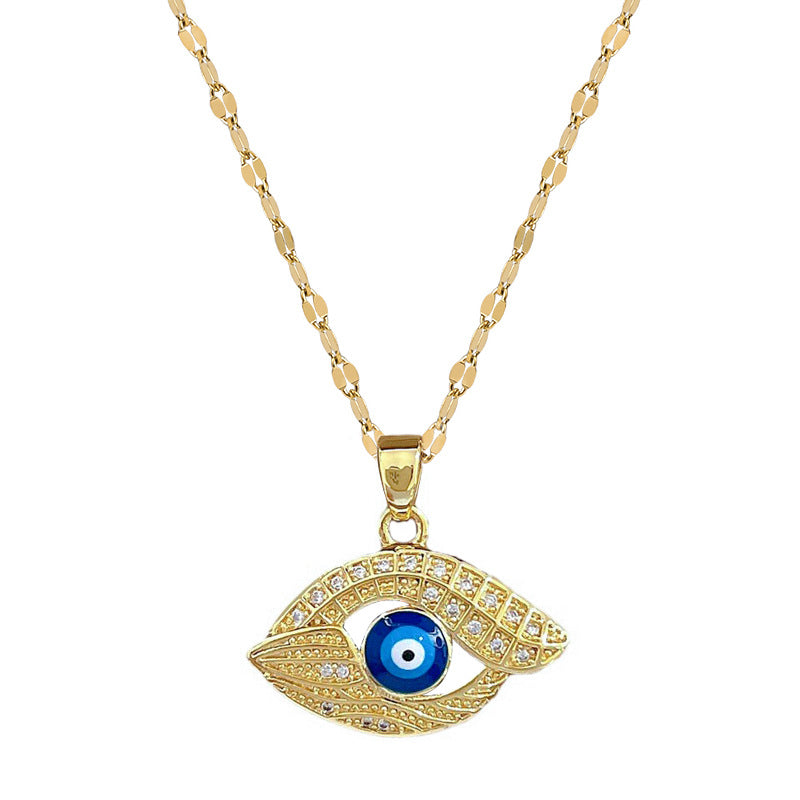 Collana Pendente Minimalista Geometrica a Occhio di Allah per Donna e Uomo in Acciaio al Titanio con Intarsio di Strass e Delicata Catena a Serpente