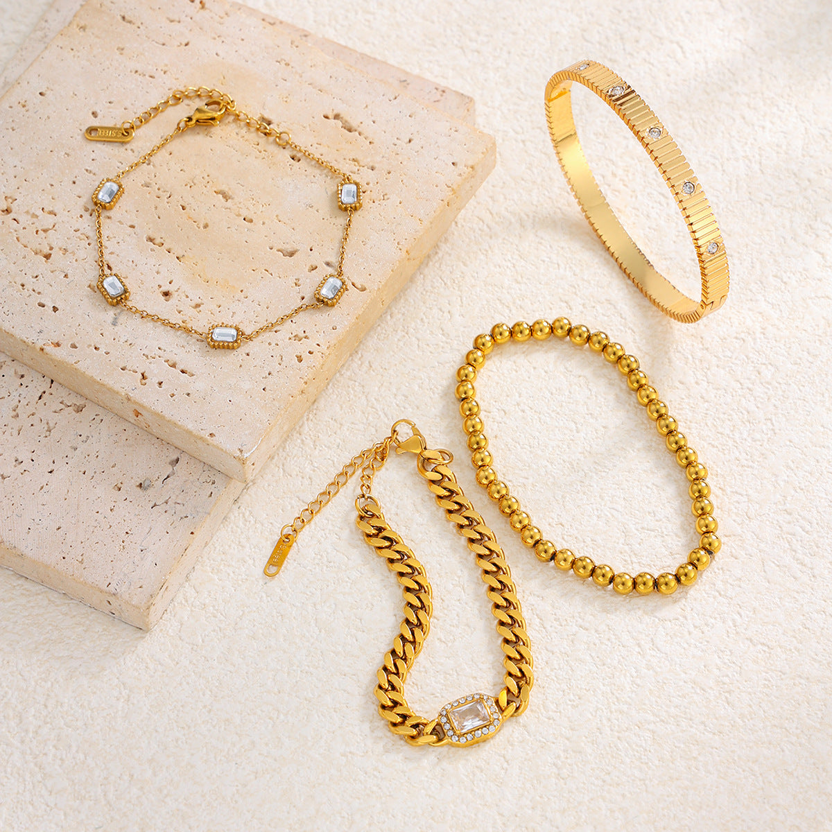 Elegant 18K Gold Plated Stainless Steel Bracelet with Cubic Zirconia Geometric Round Square Design for Women