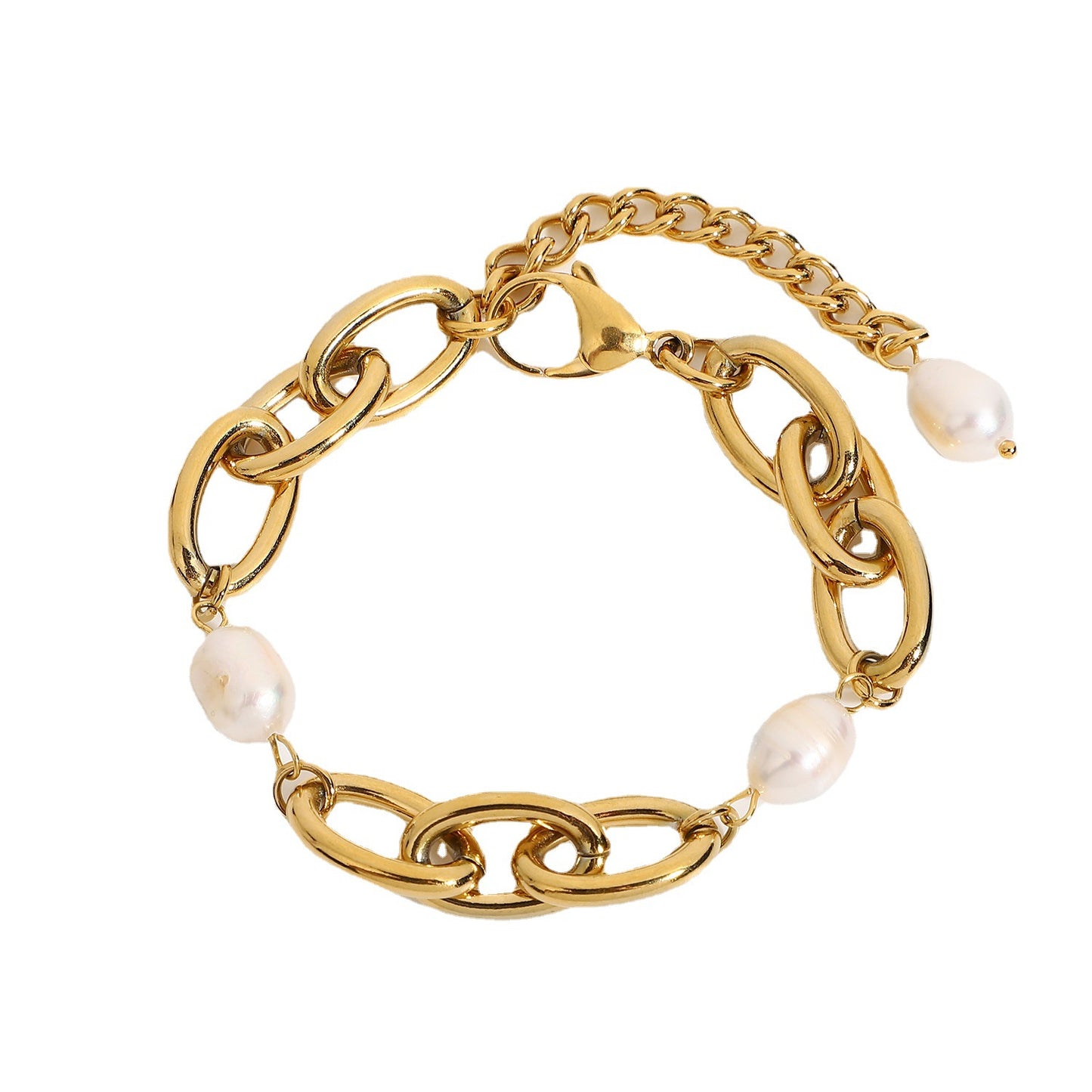 Bracciale da Donna Minimalista Geometrico in Acciaio Inossidabile Placcato Oro 18K con Perle e Maglie Ovali