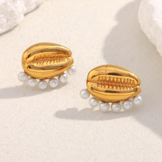 Pendientes de Acero Inoxidable Geométricos Audaces con Baño de Oro de 18K y Detalles de Perlas Simuladas para Mujer