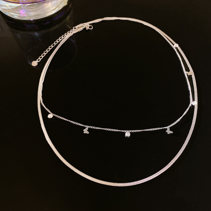 Layered Butterfly Cubic Zirconia Titanium Steel Snake Chain Necklace