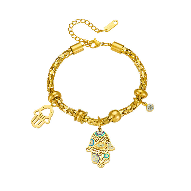 Bracciale a catena cilindrica con ciondolo a palma smaltato in acciaio al titanio placcato oro, stile vintage, da donna
