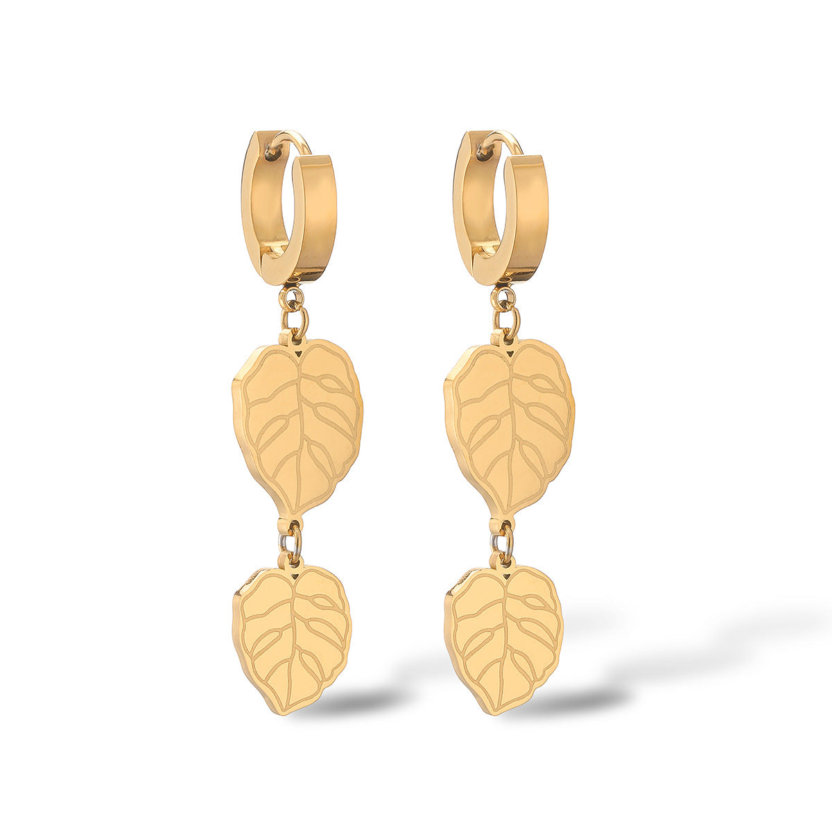 Minimalist Leaf-Shaped Titanium Steel Earrings for Women with Real Gold Plating, Fashionable and Versatile Ear Jewelry