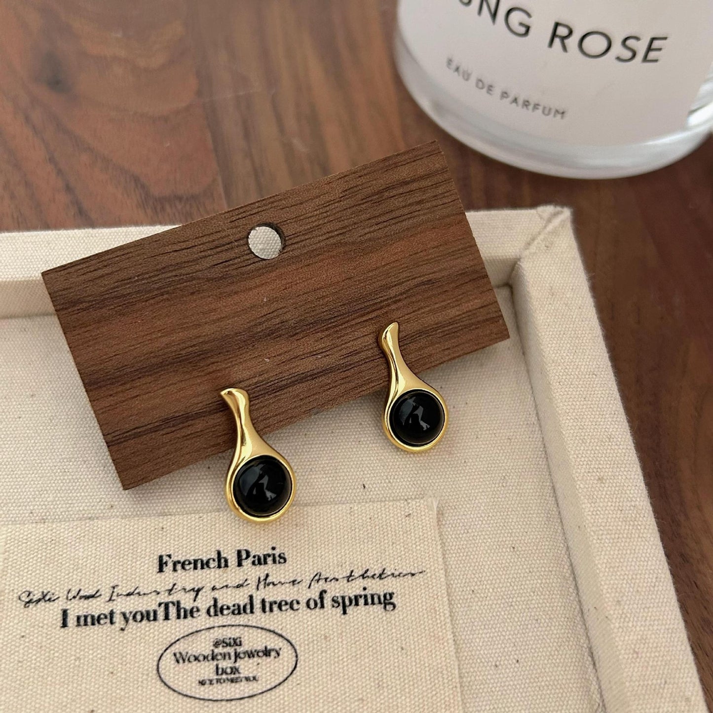 Minimalist Geometric Black Onyx Stud Earrings in 925 Sterling Silver with Gold Plating