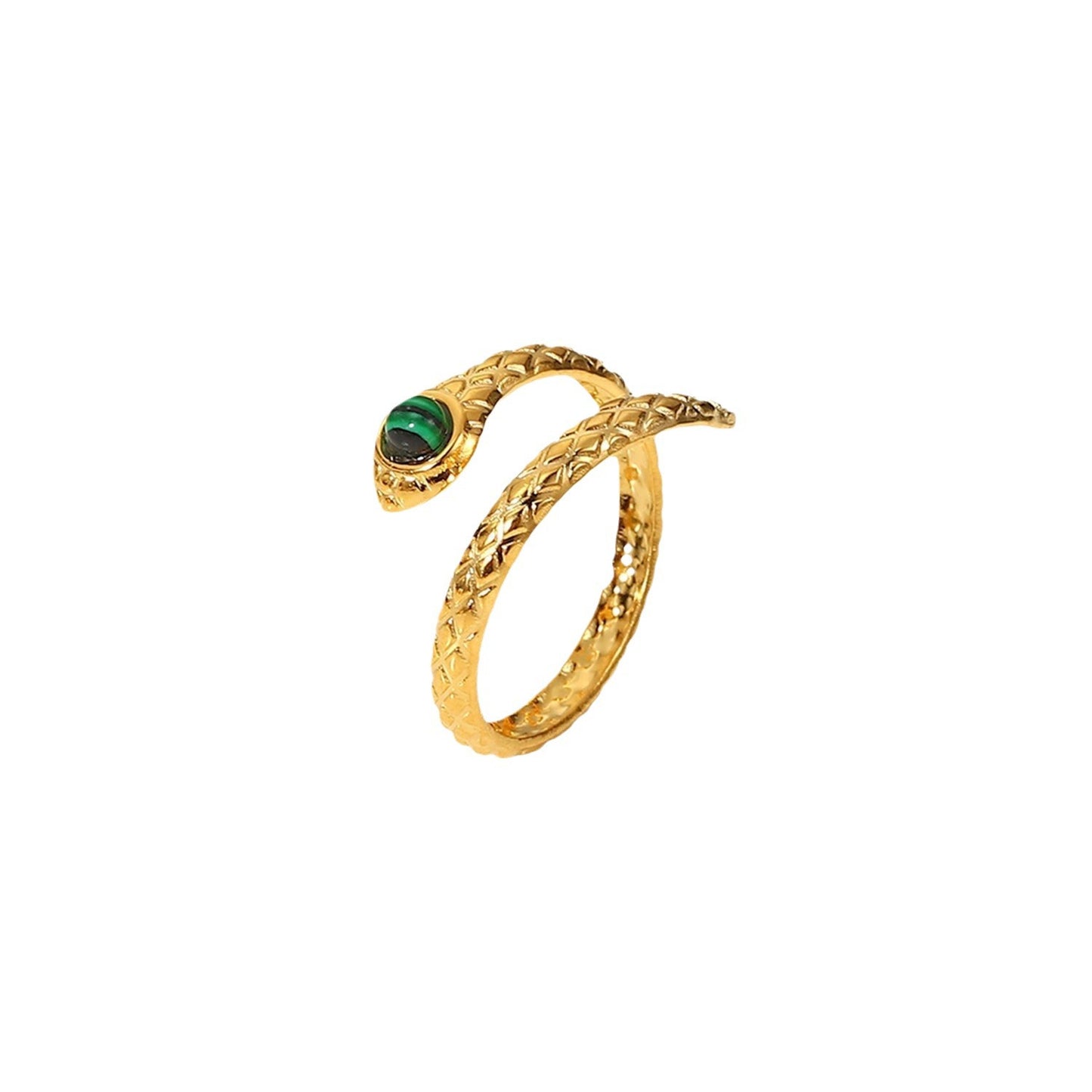 Trendy 18K Gold Plated Stainless Steel Snake Open Ring with Malachite Charm for Women