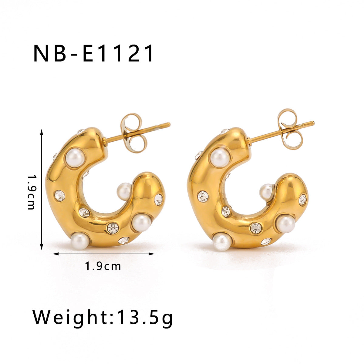 Orecchini da donna in acciaio inossidabile a forma di C geometrica in stile INS con perle e zirconi, placcati oro 18 carati