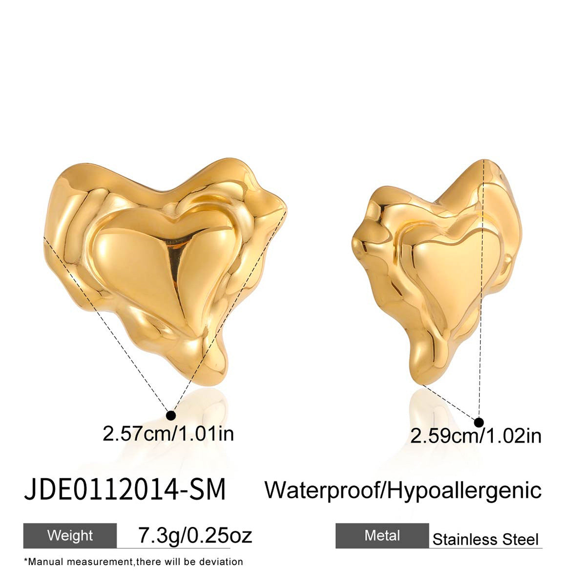 Orecchini a perno minimalisti da donna in acciaio inossidabile a forma di cuore con placcatura in oro PVD sottovuoto