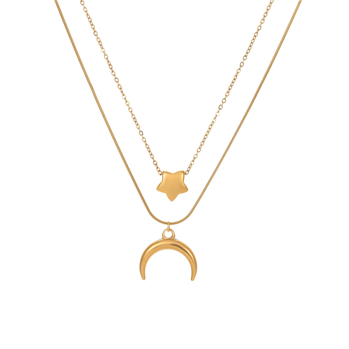 Collana in Acciaio Inossidabile con Ciondolo Stella e Luna Minimalista con Finitura Placcata per Donna